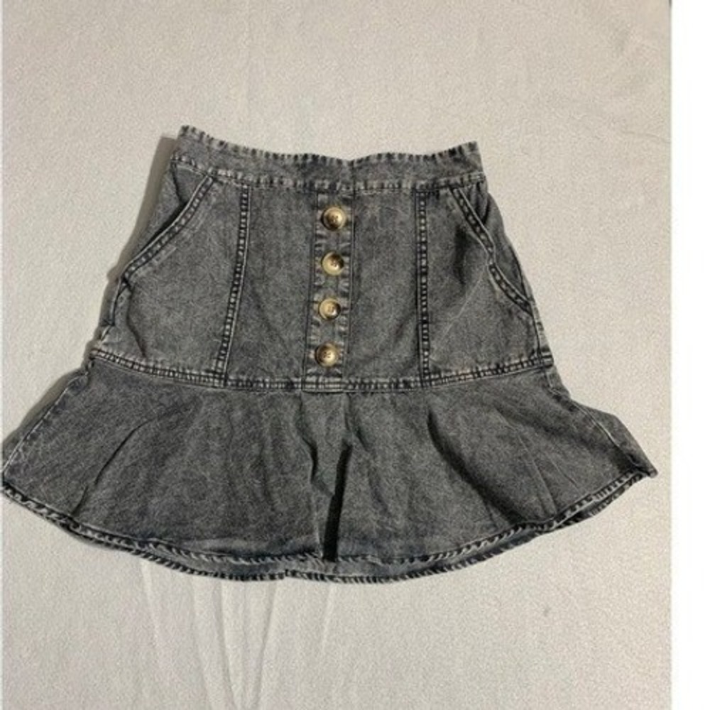 Promesa Denim Skirt Women Small Gray Acid Wash Ruffle Button Front Y2K Boho